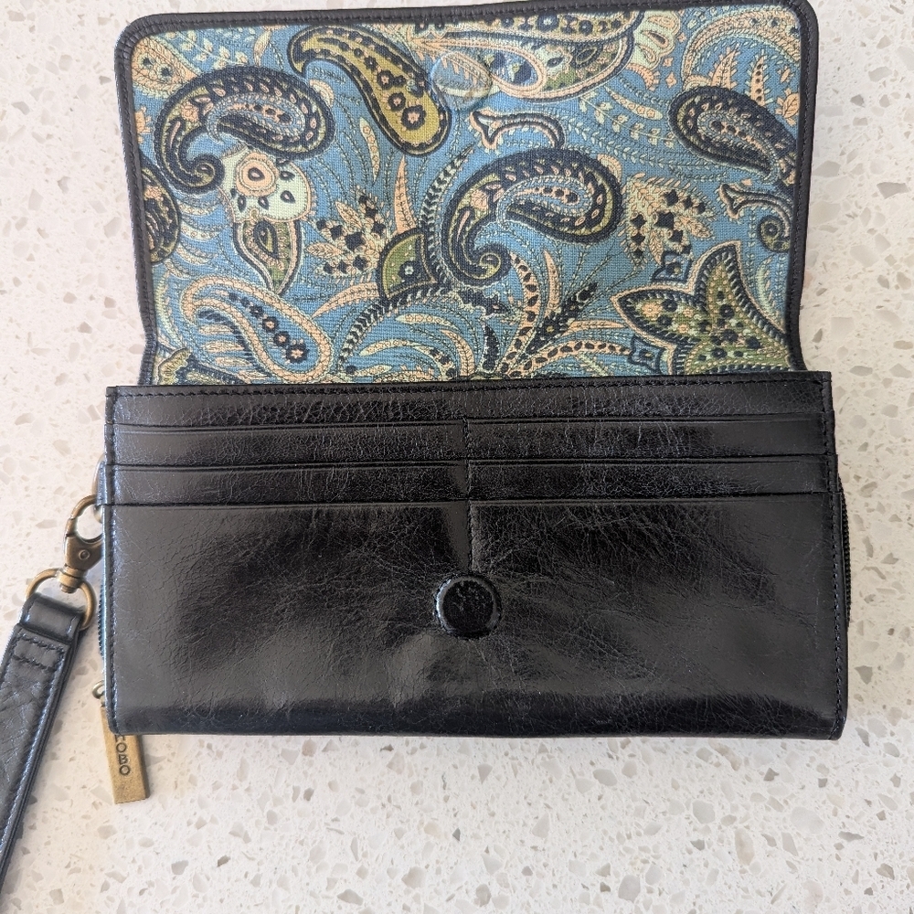 HOBO Black Leather Wristlet Wallet with Paisley Lining